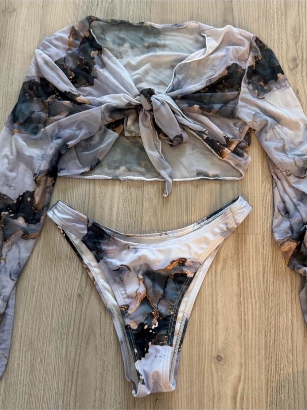 Tie-Front Mesh Bikini Set in Marble Print with Gold Accents